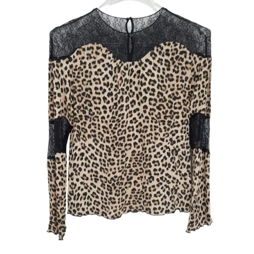 Zara Basic Leopard Cheetah Print Lace Flowy Long Sleeve Top Size XS Stretchy